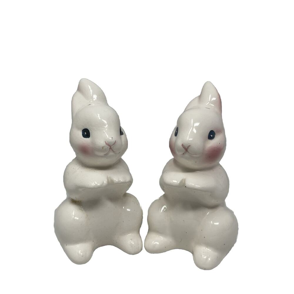 Vtg Salt Pepper Shaker Set Bunny Rabbits Mid Century White Pink Easter Spring
